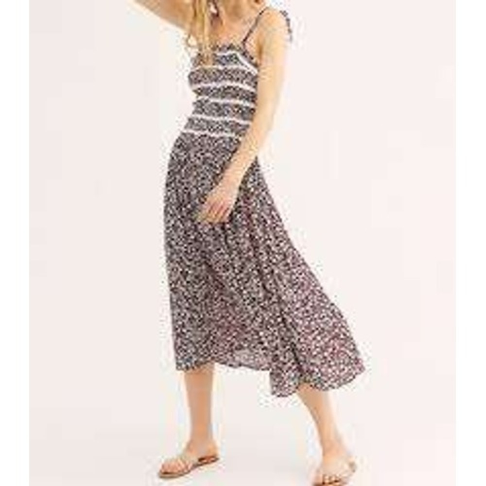 Free People Burgundy Floral Smocked Lace Trim Tie Strap Midi Dress Small